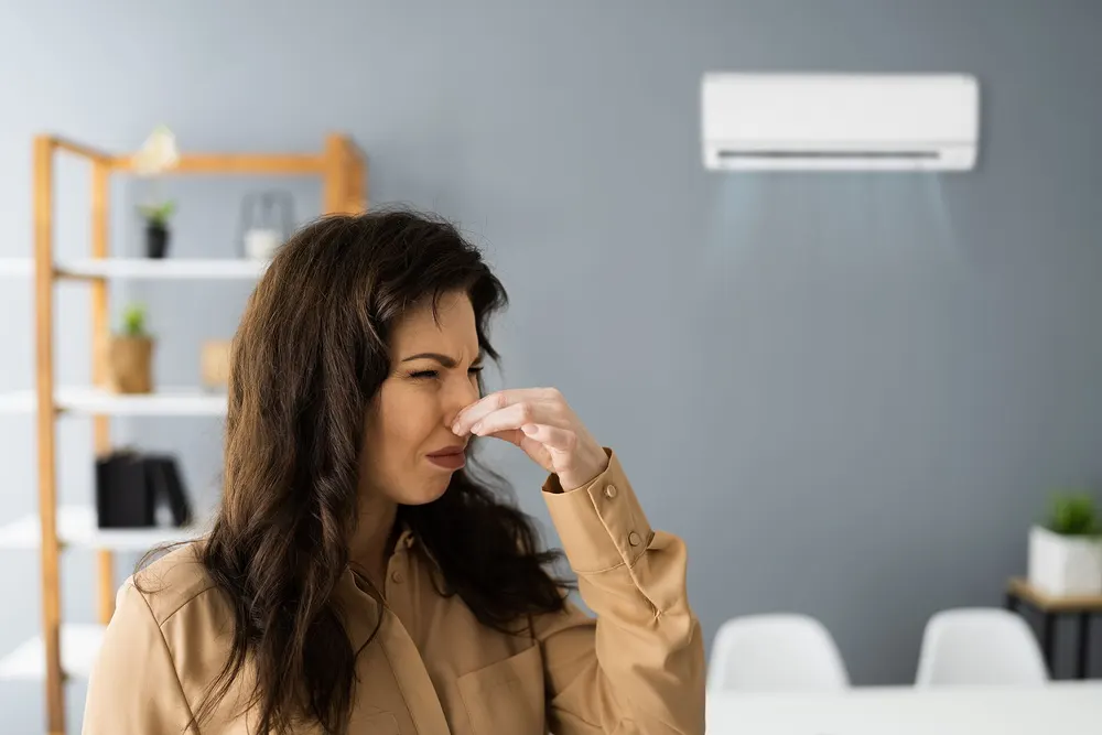 Mujer tapándose la nariz por el mal olor del aire acondicionado